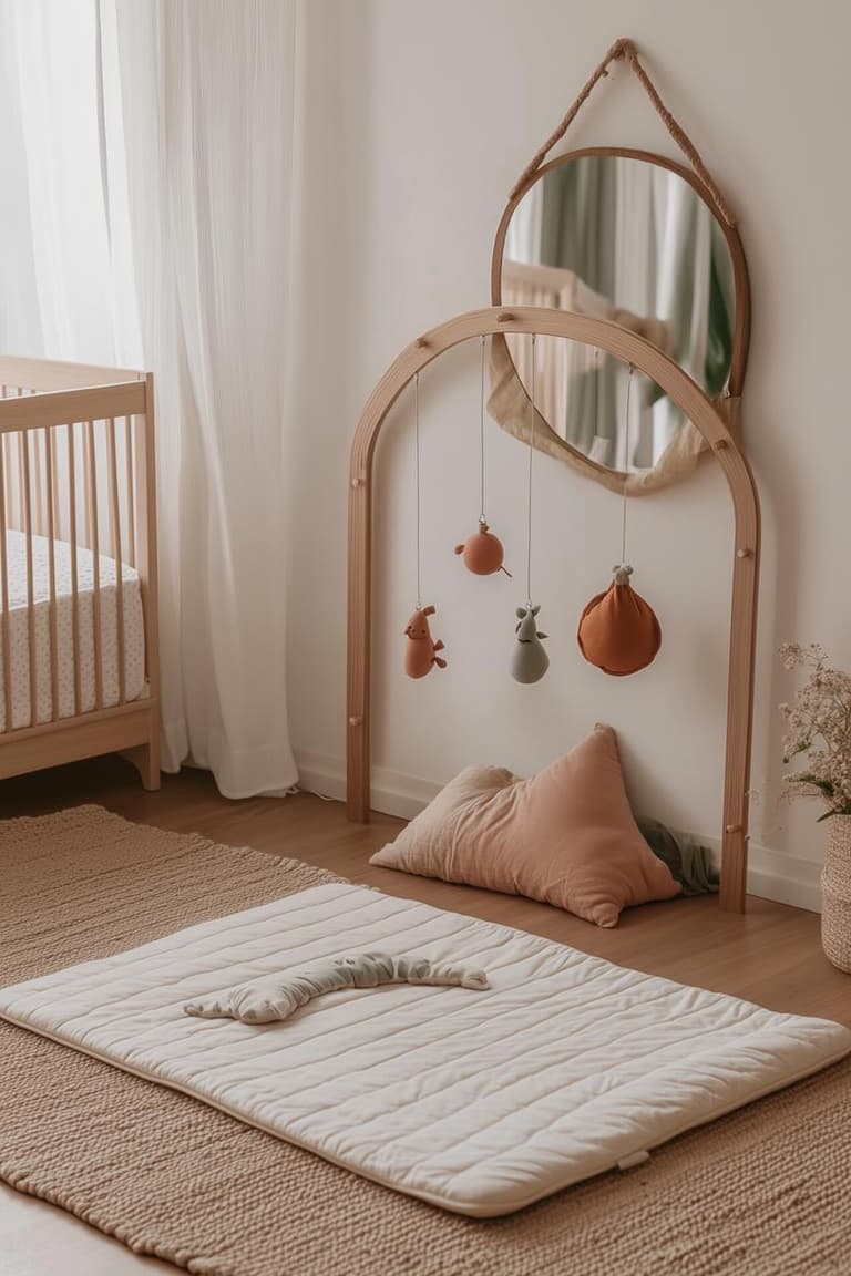 Aménagement chambre Montessori pour bébé avec tapis d’éveil, mobile en bois, miroir sécurisé et coussin au sol.