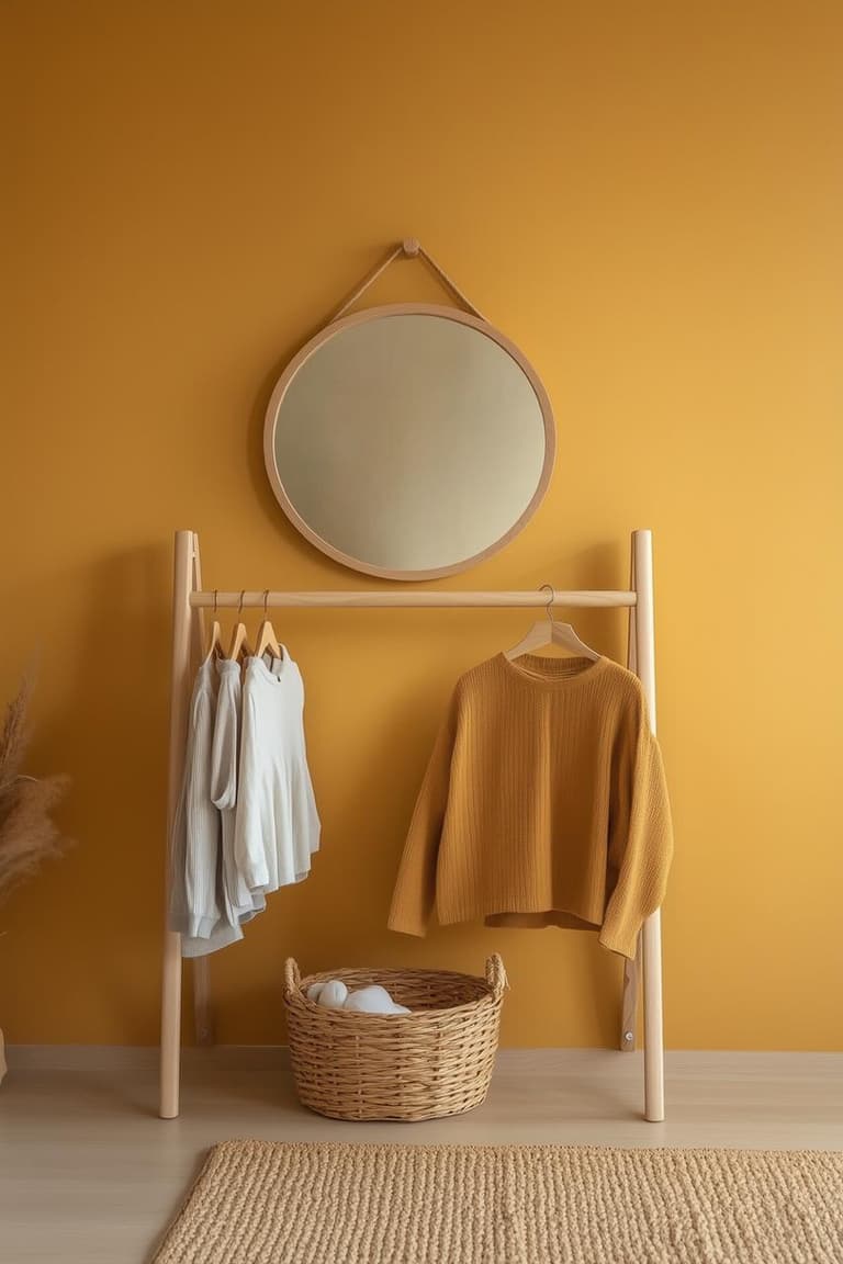 Penderie basse en bois avec vêtements à hauteur d’enfant, miroir rond et panier tressé devant un mur ocre.