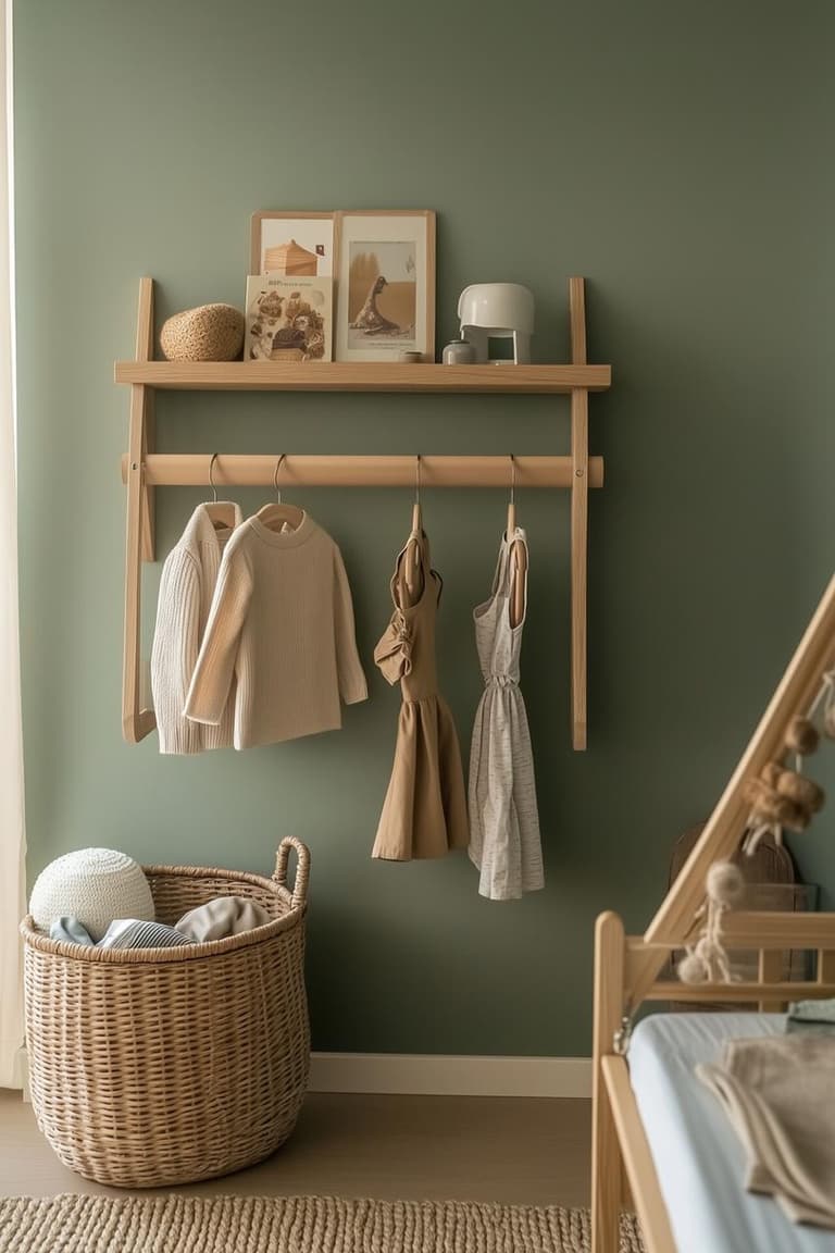 Penderie murale basse en bois devant un mur vert sauge avec vêtements, panier en rotin et objets accessibles à l’enfant.