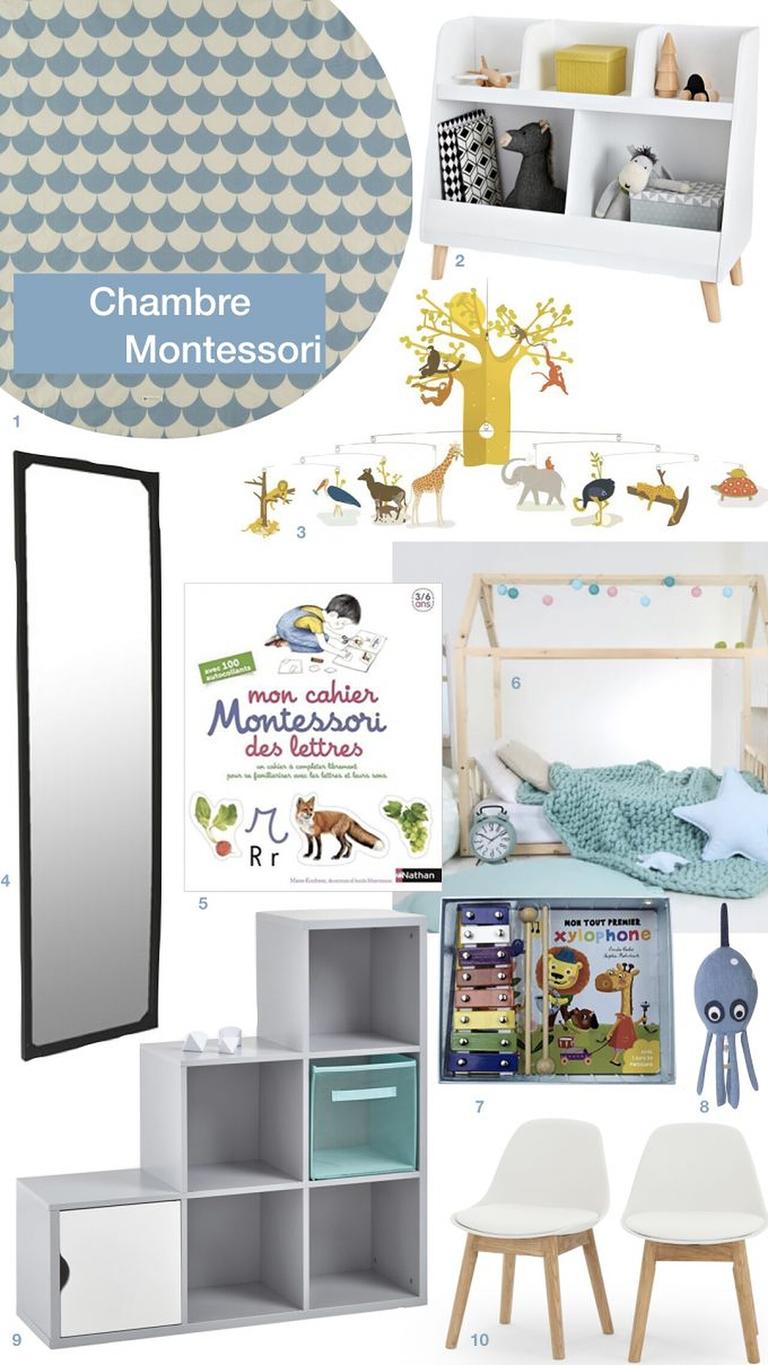Sélection de mobilier pour chambre Montessori avec bibliothèque, miroir, mobile, lit cabane, rangements et chaises.