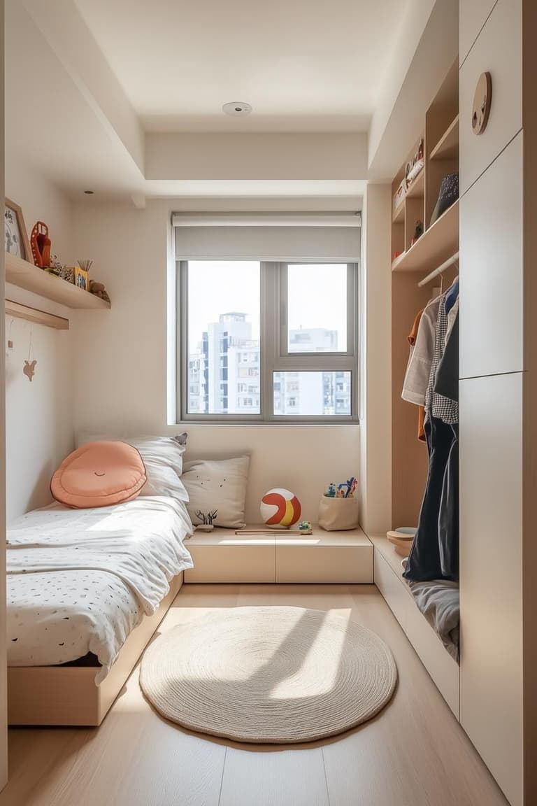Aménagement chambre Montessori dans une petite pièce avec lit bas, penderie ouverte, rangements intégrés et espace central dégagé.