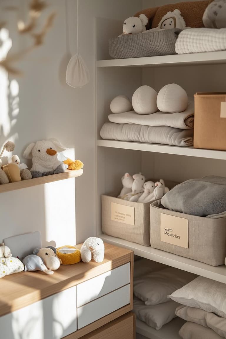 Étagères ouvertes avec linge plié, paniers étiquetés, peluches et commode basse dans une chambre d’enfant lumineuse.