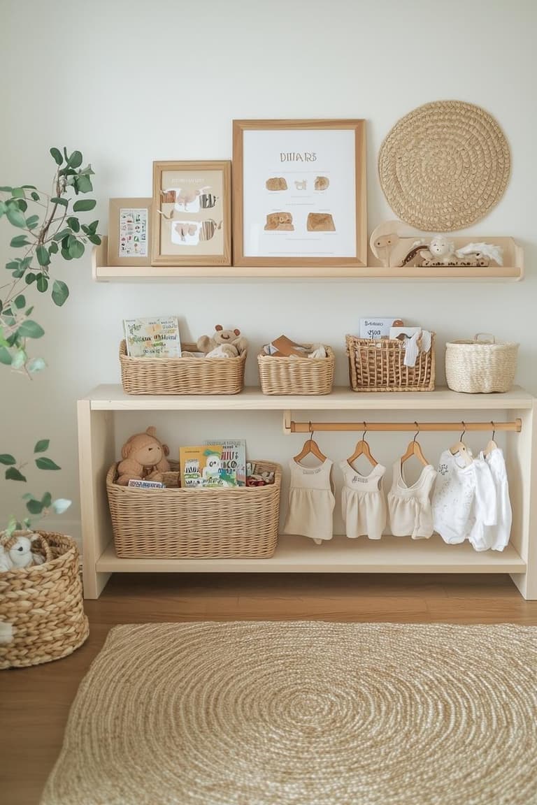 Meuble bas avec paniers, livres et vêtements à hauteur d’enfant sous une étagère décorative en bois clair.