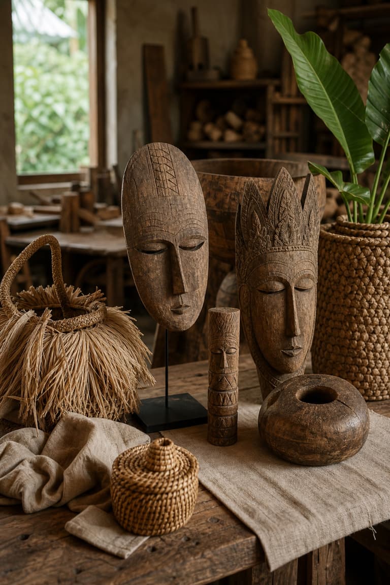 objets d’artisanat balinais à Ubud avec masques en bois sculpté, paniers tressés, fibres naturelles et pièces décoratives sur une table
