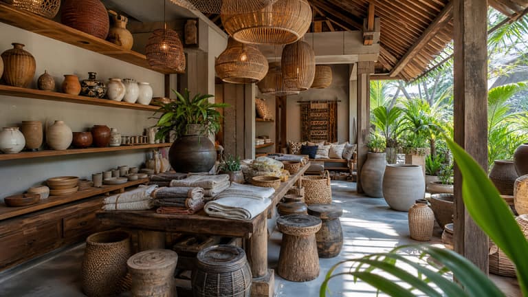 bonnes adresses déco à Bali avec boutique d’artisanat ouverte sur la végétation, suspensions en rotin, céramiques, bois sculpté et paniers tressés