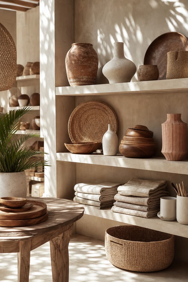 étagères de concept store à Bali avec céramiques artisanales, paniers tressés, plateaux en rotin, textiles en lin et objets en bois