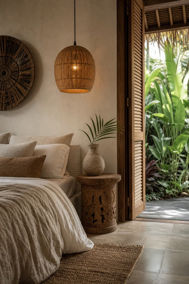 chambre de villa à Bali avec linge naturel, suspension en rotin, tabouret en bois sculpté, vase artisanal et végétation tropicale