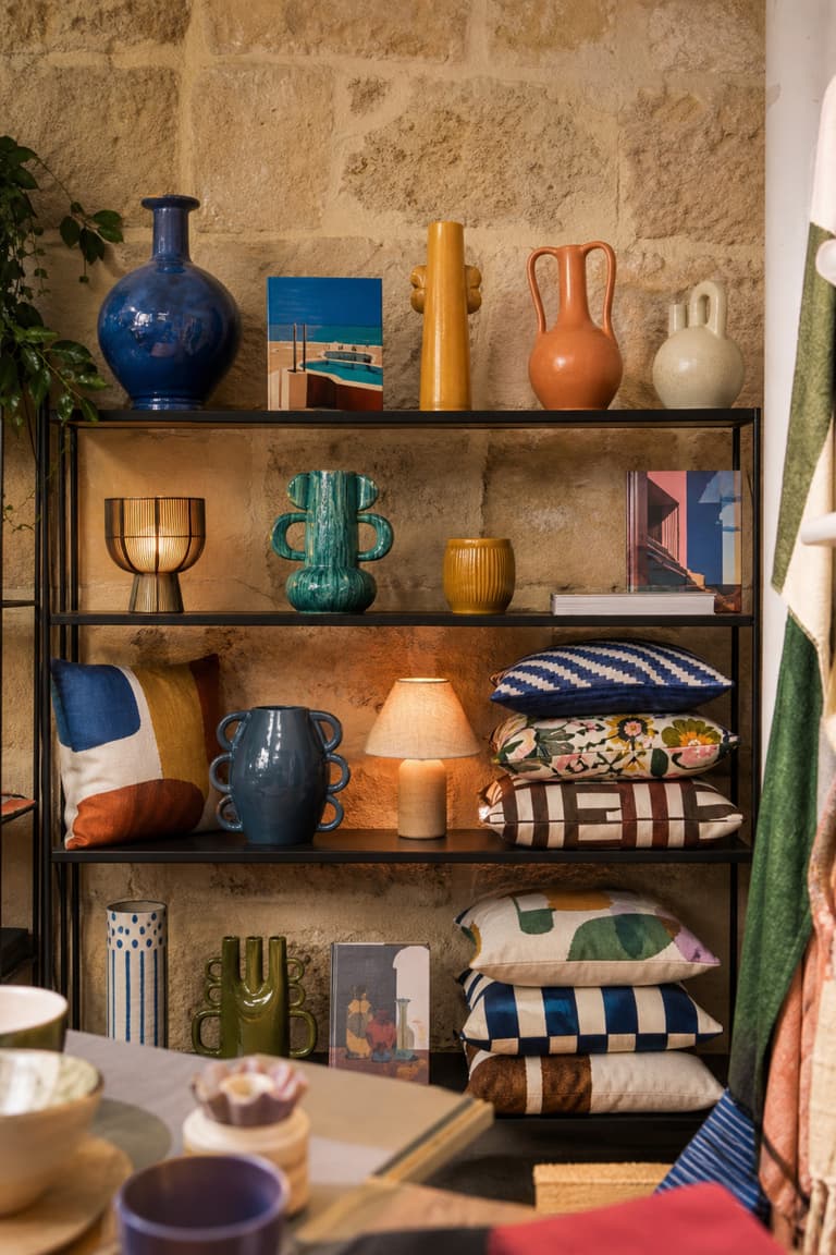 étagère de concept store déco à Bordeaux avec vases colorés, coussins graphiques, lampes et objets design dans une ambiance joyeuse