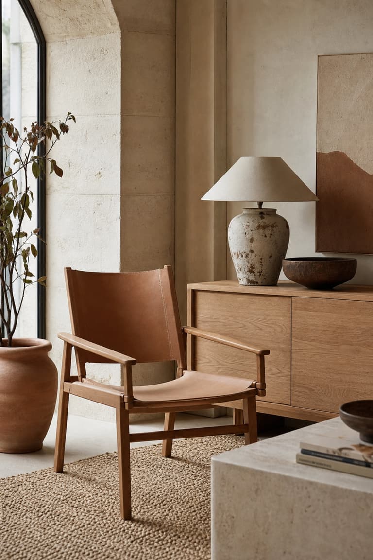 coin de boutique design à Bordeaux avec fauteuil scandinave vintage, meuble en bois clair, lampe en céramique et matières naturelles