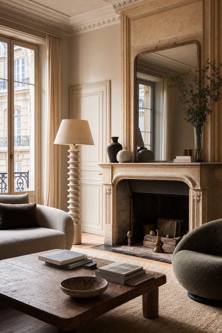 salon d’appartement bordelais avec cheminée en pierre, grande fenêtre, lampe sculpturale, canapé contemporain et table basse vintage