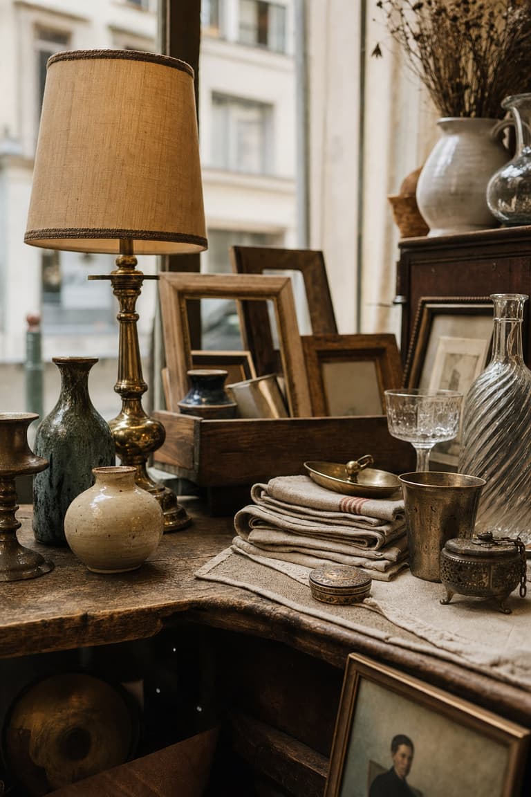 objets de brocante à Bruxelles avec lampe vintage, cadres anciens, céramiques et verre gravé