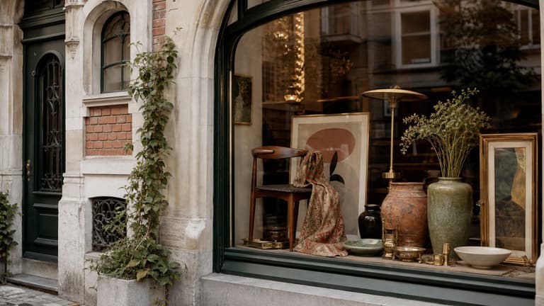 bonnes adresses déco à Bruxelles avec vitrine de brocante, chaise vintage, céramiques et façade belge