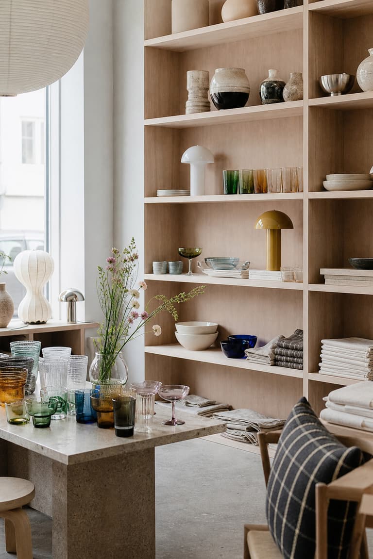 étagères de boutique design danois à Copenhague avec céramiques, verrerie colorée, lampes minimalistes, textiles en lin et bois clair