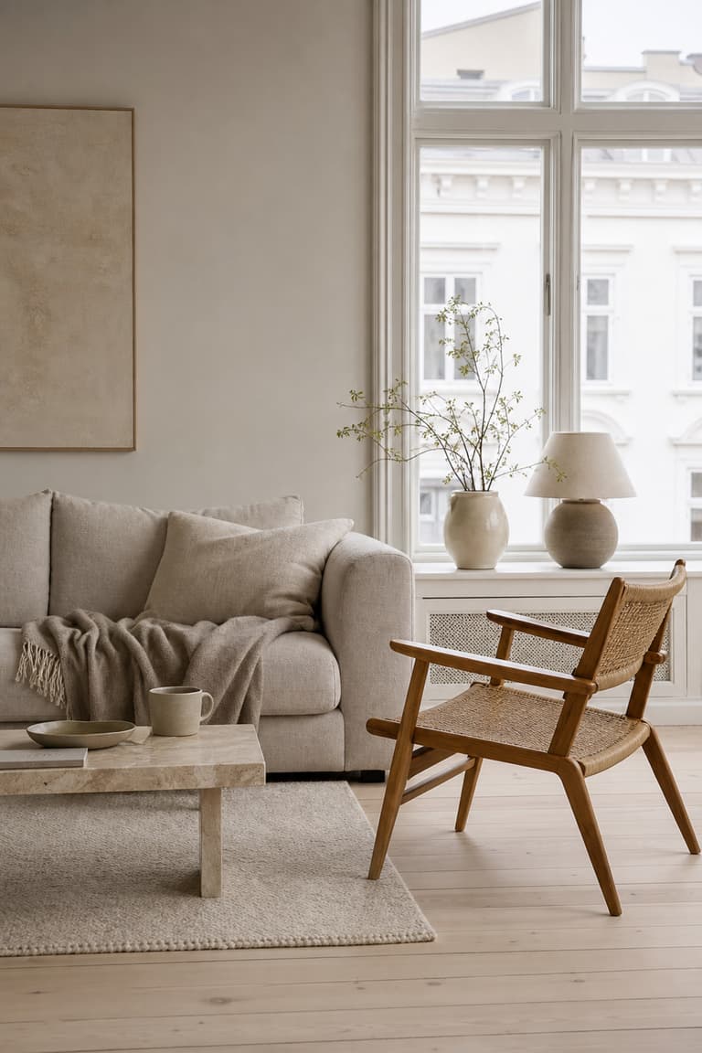 salon d’appartement à Copenhague avec canapé clair, fauteuil en bois, plaid en laine, céramique et grande fenêtre à lumière nordique