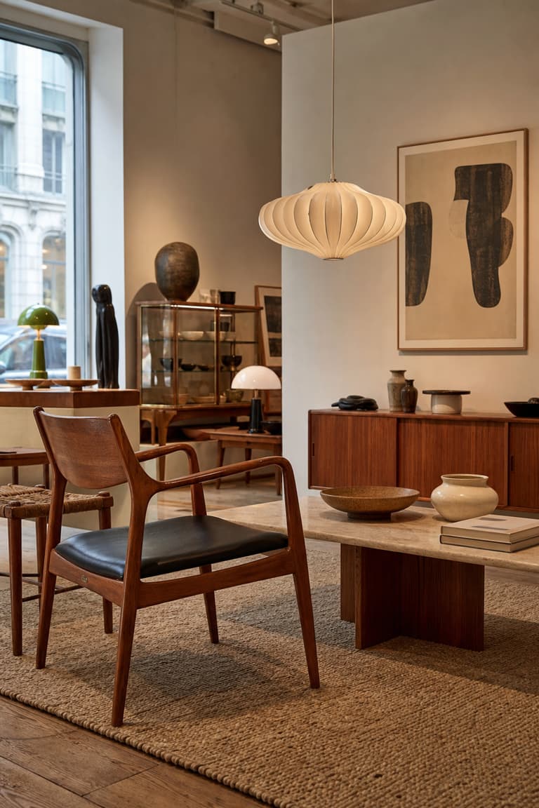 showroom vintage scandinave à Copenhague avec fauteuil en teck mid-century, table basse, suspension sculpturale, tapis en laine et art abstrait