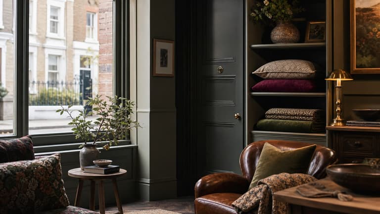 bonnes adresses déco Londres dans un intérieur anglais chaleureux avec textiles, lampe en laiton et façade londonienne