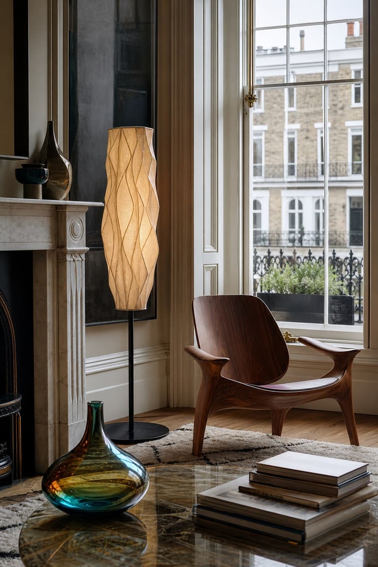 showroom design à Londres avec fauteuil en bois, lampe sculpturale et grande fenêtre victorienne