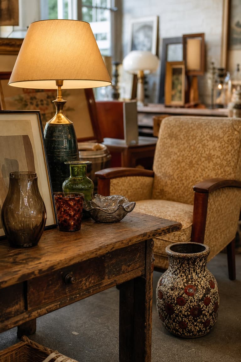 brocante à Lyon avec lampe vintage, fauteuil ancien, cadres, verrerie et vase en céramique