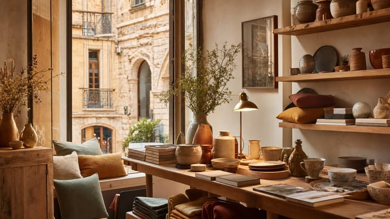 bonnes adresses déco à Lyon avec boutique chaleureuse, céramiques, livres d’art, lampe et façade en pierre