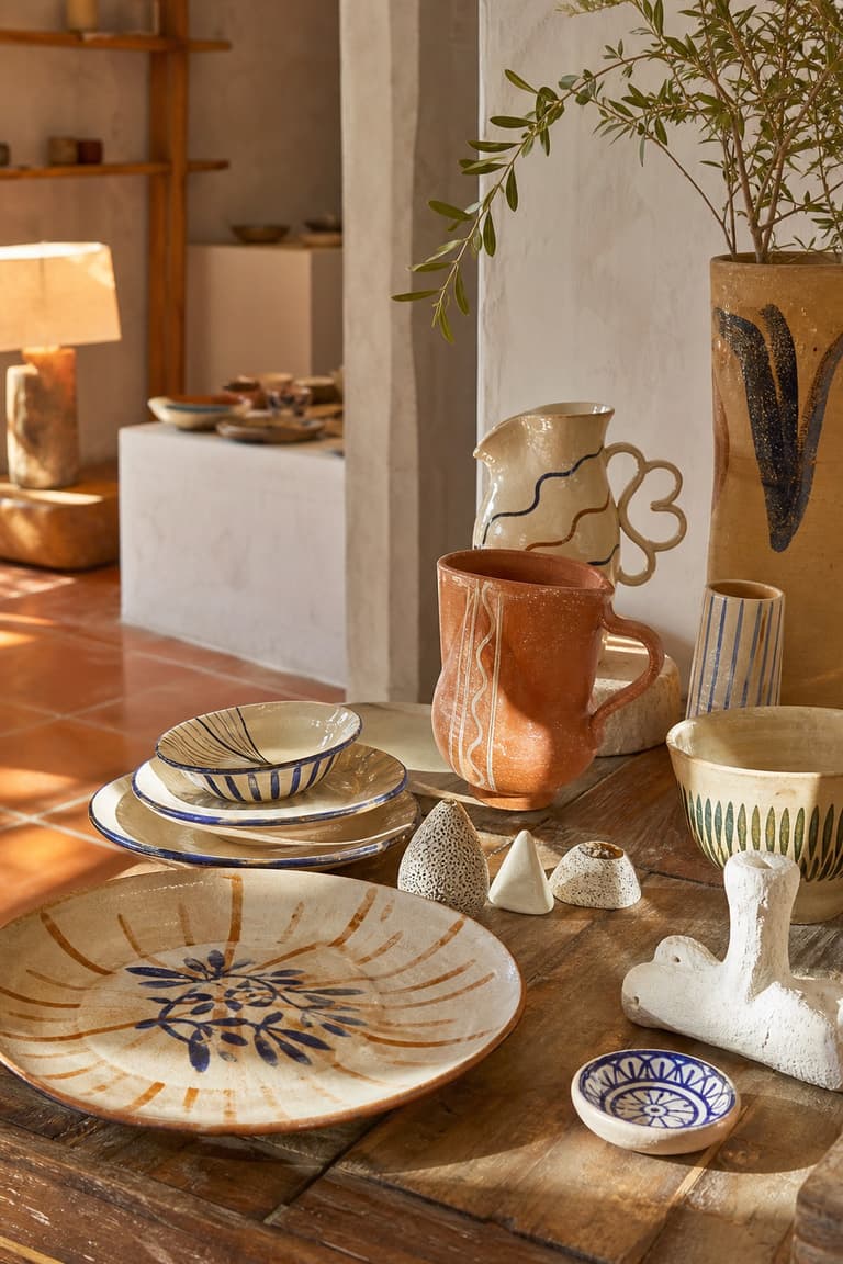 céramique artisanale à Madrid avec assiettes, pichets, bols et objets décoratifs sur une table en bois