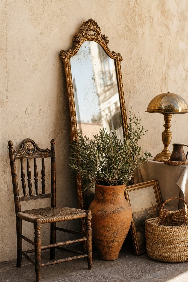 vintage à Madrid avec miroir doré, chaise ancienne, vase en terre cuite, panier et lampe en laiton