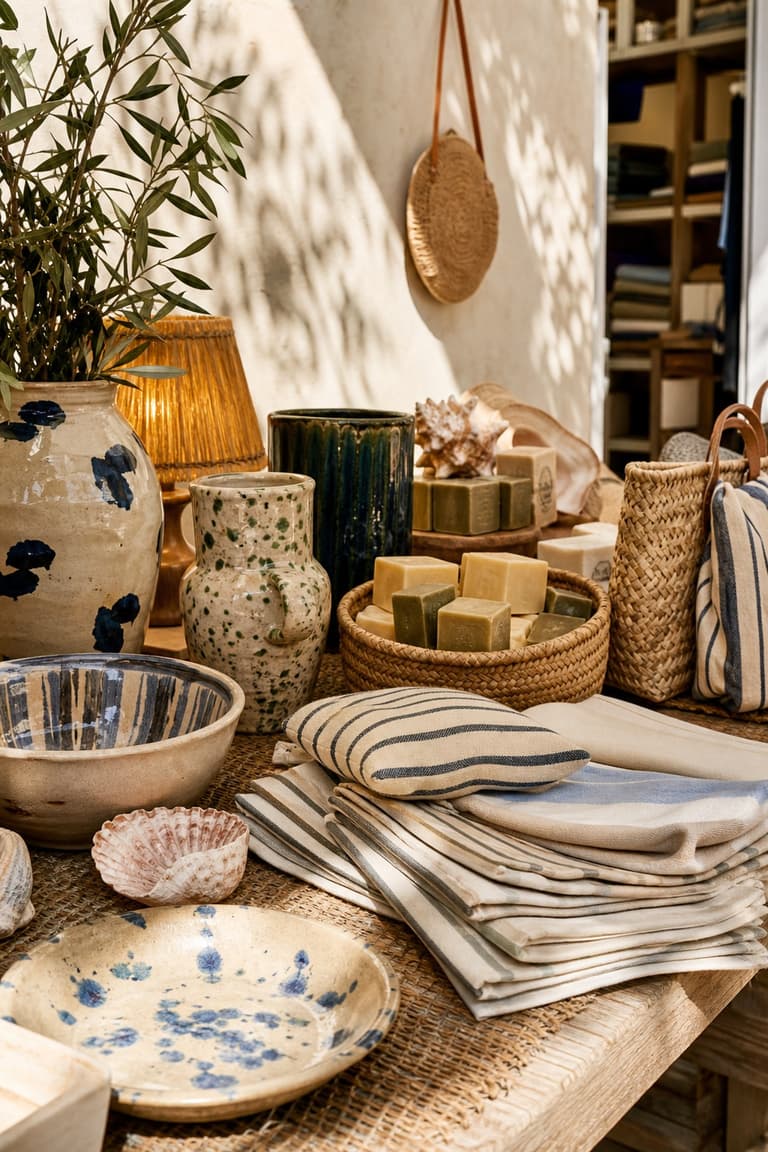 concept store déco à Marseille avec céramiques artisanales, textiles rayés, paniers tressés et objets méditerranéens