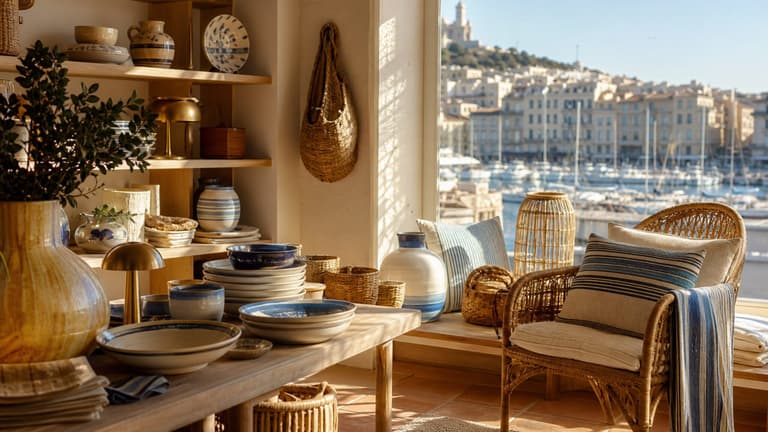 bonnes adresses déco à Marseille avec boutique lumineuse, céramiques, paniers, rayures bleues et fauteuil en rotin face au Vieux-Port