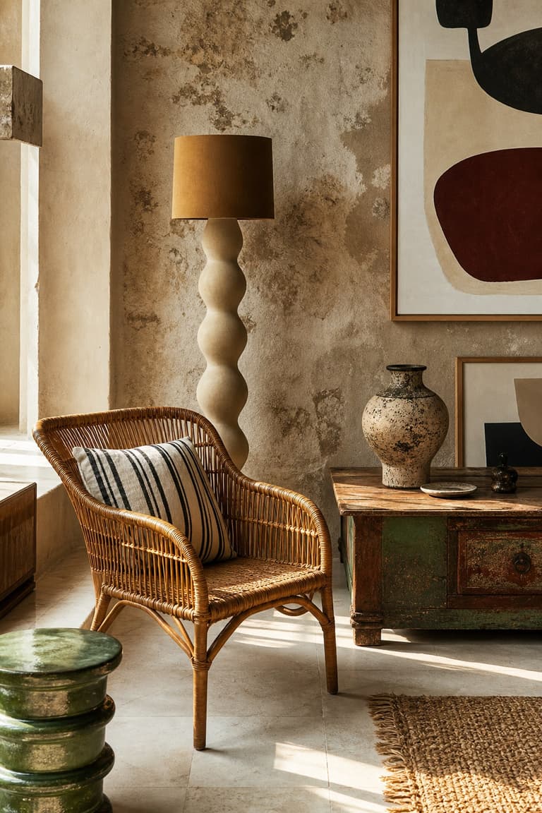 vintage et design à Marseille avec fauteuil en rotin, lampe sculpturale, table patinée, vase et affiche abstraite