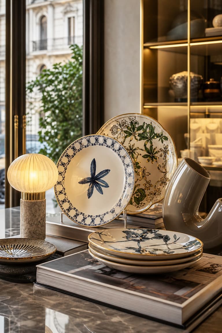 céramique italienne et objets design à Milan avec assiettes peintes, lampe sculpturale, vase et livres d’art