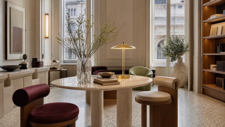 bonnes adresses déco à Milan avec showroom italien élégant, fauteuils sculpturaux, table en marbre, lampe dorée et architecture historique