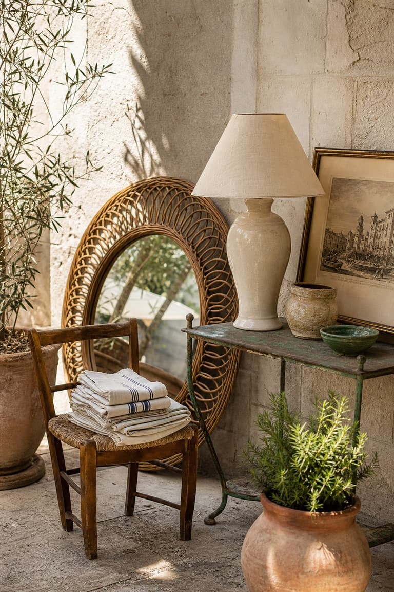 brocante déco à Montpellier avec chaise vintage, miroir en rotin, lampe en céramique, pots en terre cuite et linge ancien