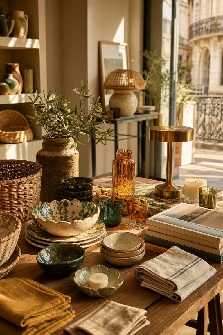 concept store déco à Montpellier avec céramiques artisanales, verrerie colorée, linge de table, lampe dorée et panier en rotin