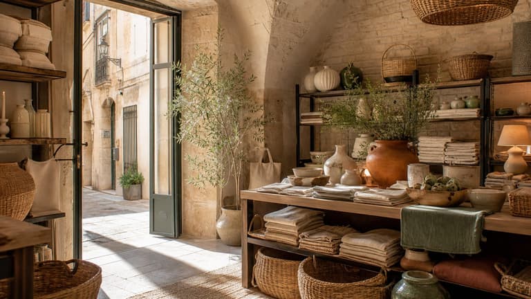 bonnes adresses déco à Montpellier dans une boutique en pierre avec paniers, linge, céramiques et lumière méditerranéenne