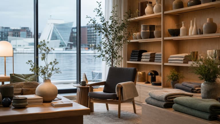 bonnes adresses déco à Oslo dans une boutique scandinave avec mobilier en bois clair, textiles en laine, céramiques et vue sur le fjord