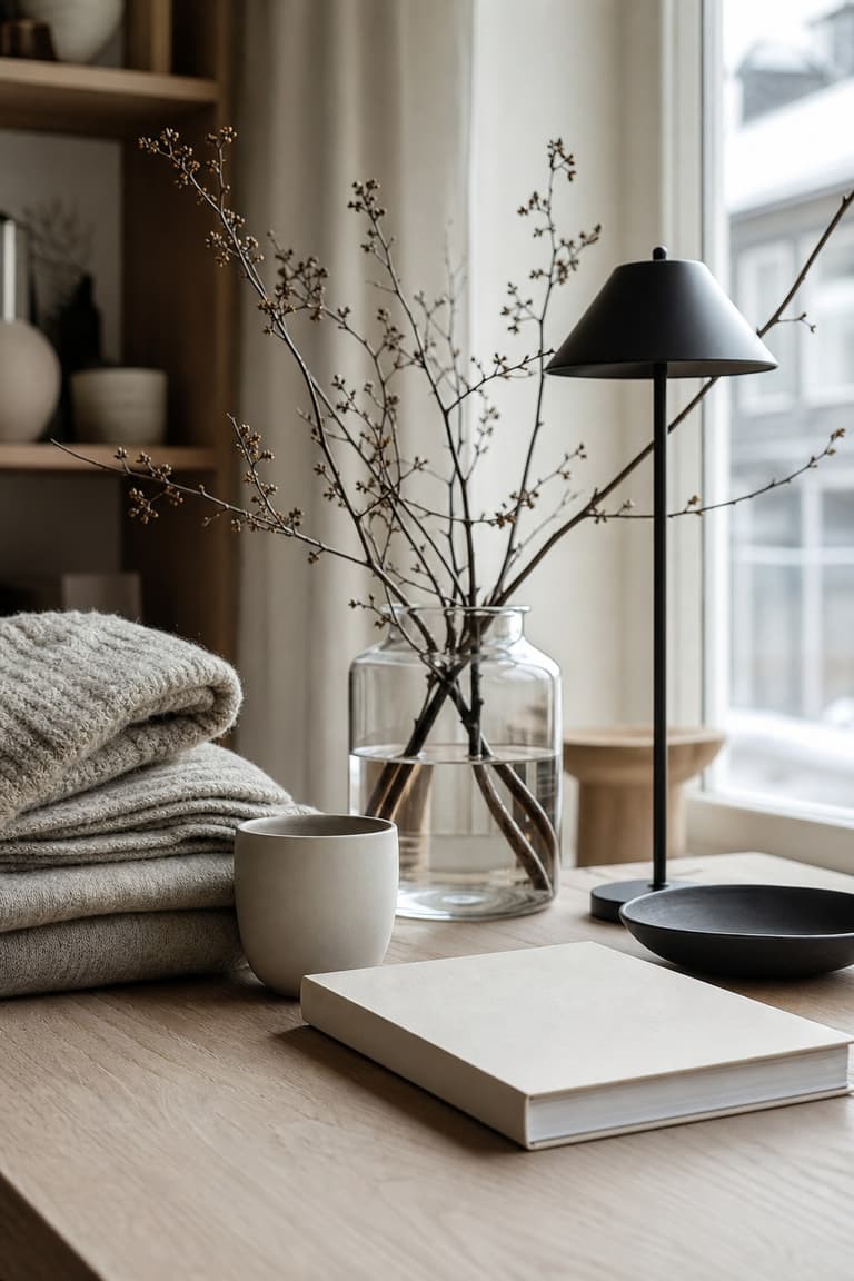 objets de design scandinave à Oslo avec couverture en laine, tasse en céramique, vase en verre, lampe noire et table en bois clair