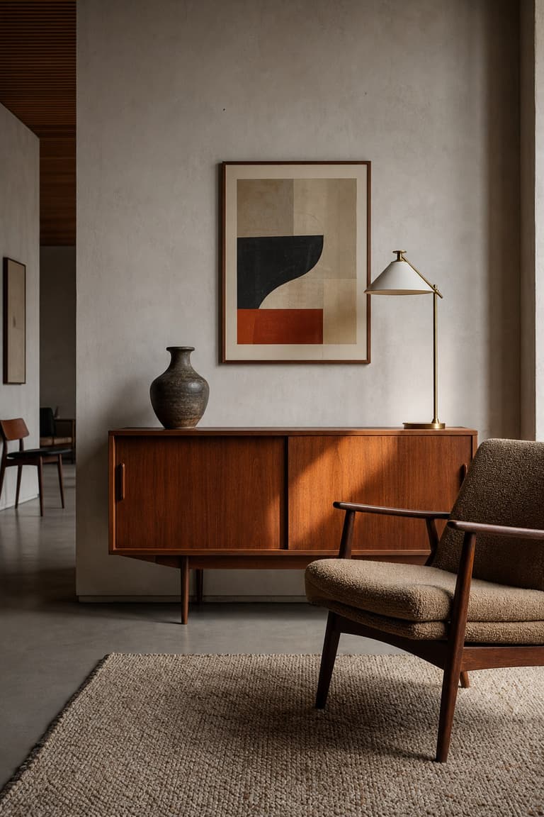 mobilier vintage scandinave à Oslo avec enfilade en teck, fauteuil mid-century, lampe laiton, vase céramique et affiche abstraite