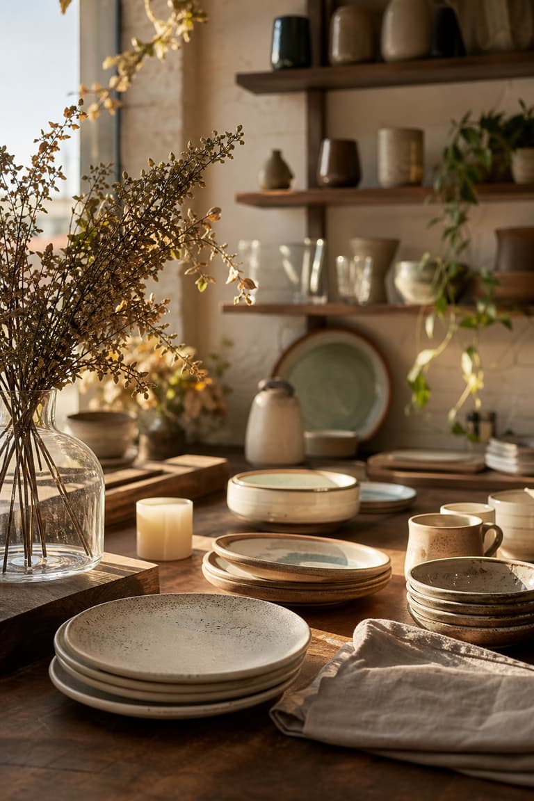 céramiques artisanales et art de la table à San Francisco avec assiettes en grès, vase en verre, linge naturel et lumière chaude