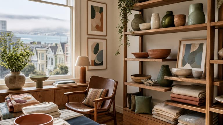 bonnes adresses déco à San Francisco dans une boutique californienne avec céramiques, étagères en bois, fauteuil mid-century et vue sur la baie