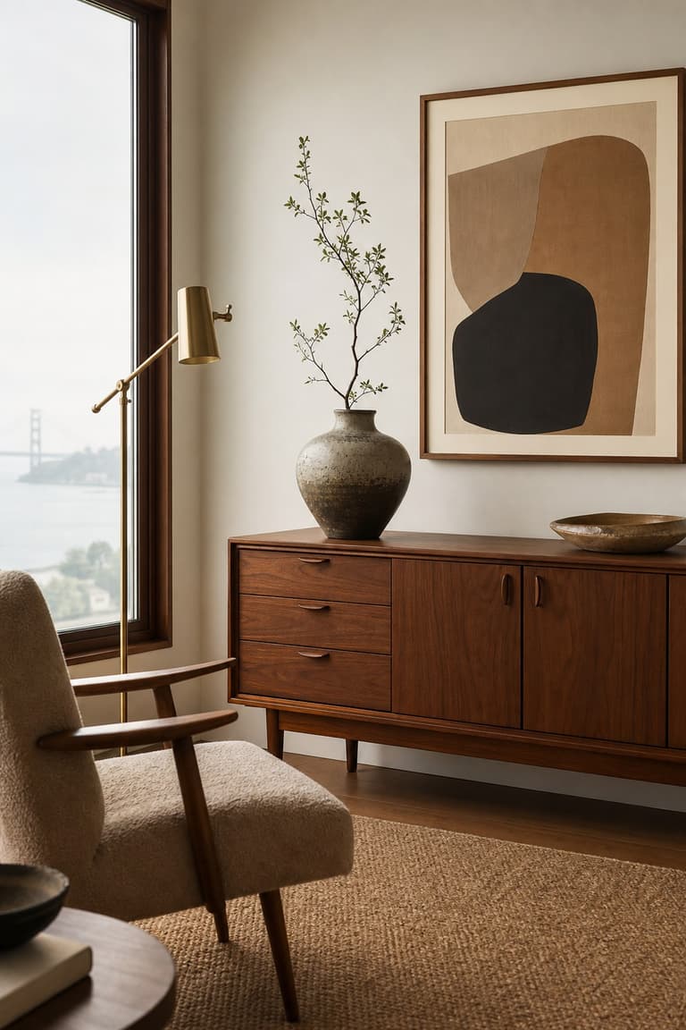 mobilier vintage à San Francisco avec enfilade en noyer, fauteuil mid-century, lampe en laiton, vase céramique et vue sur le Golden Gate