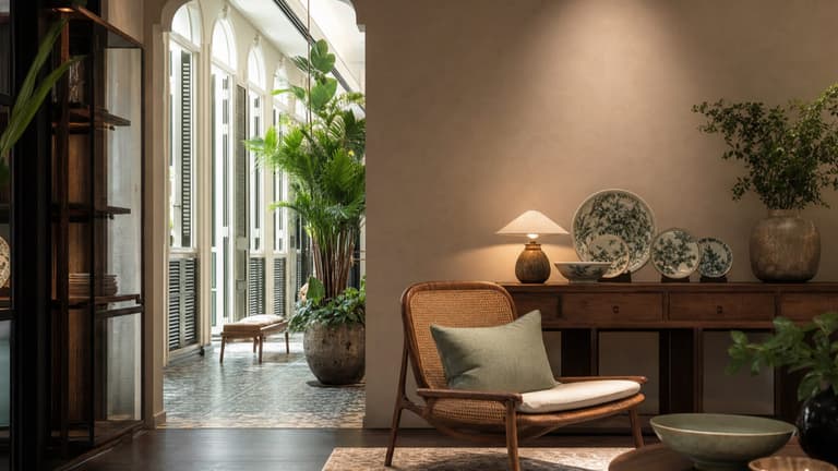 Salon boutique déco à Singapour avec fauteuil en rotin, console en bois, vaisselle décorative et plantes tropicales