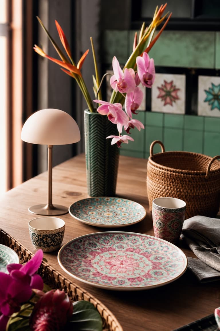 Objets design à Singapour avec assiettes décoratives colorées, lampe de table, panier en rotin et fleurs tropicales