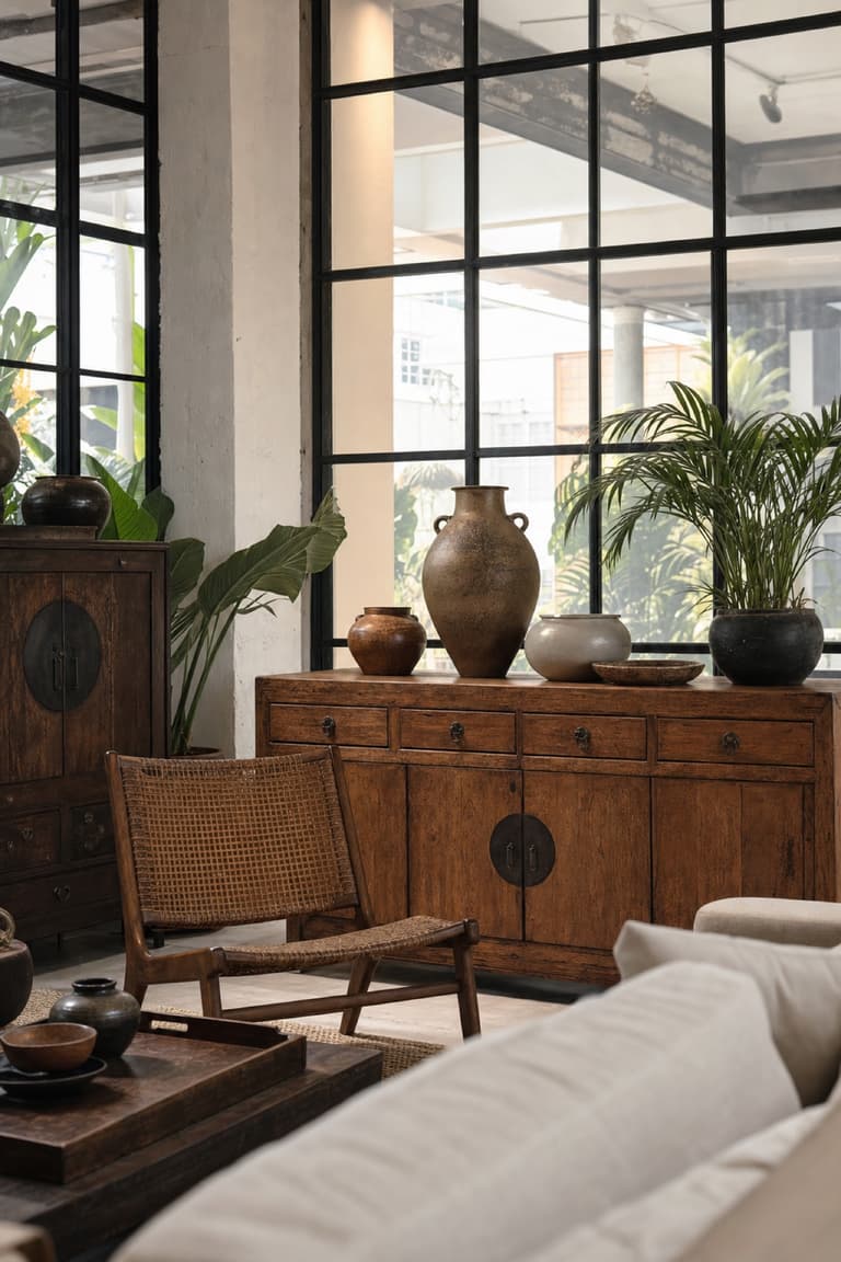 Showroom de mobilier à Singapour avec buffet en bois, fauteuil en cannage, céramiques et grandes fenêtres industrielles