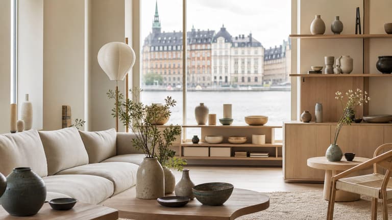 bonnes adresses déco à Stockholm dans un showroom scandinave avec canapé en lin, bois clair, céramiques et vue sur l’eau