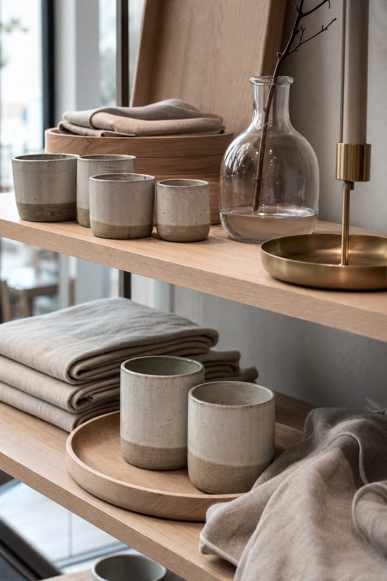 objets déco scandinaves à Stockholm avec tasses en céramique, plateaux en bois, textiles en lin, vase en verre et bougeoir en laiton