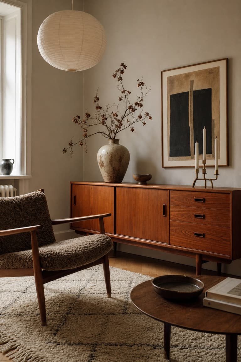 mobilier vintage scandinave à Stockholm avec enfilade en teck, fauteuil en laine bouclée, suspension papier, vase céramique et œuvre abstraite