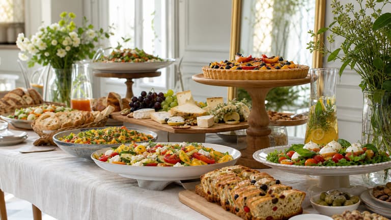 buffet froid pour 10, 20 ou 30 personnes présenté sur une table en lin avec salades, cake salé, fromages et dessert