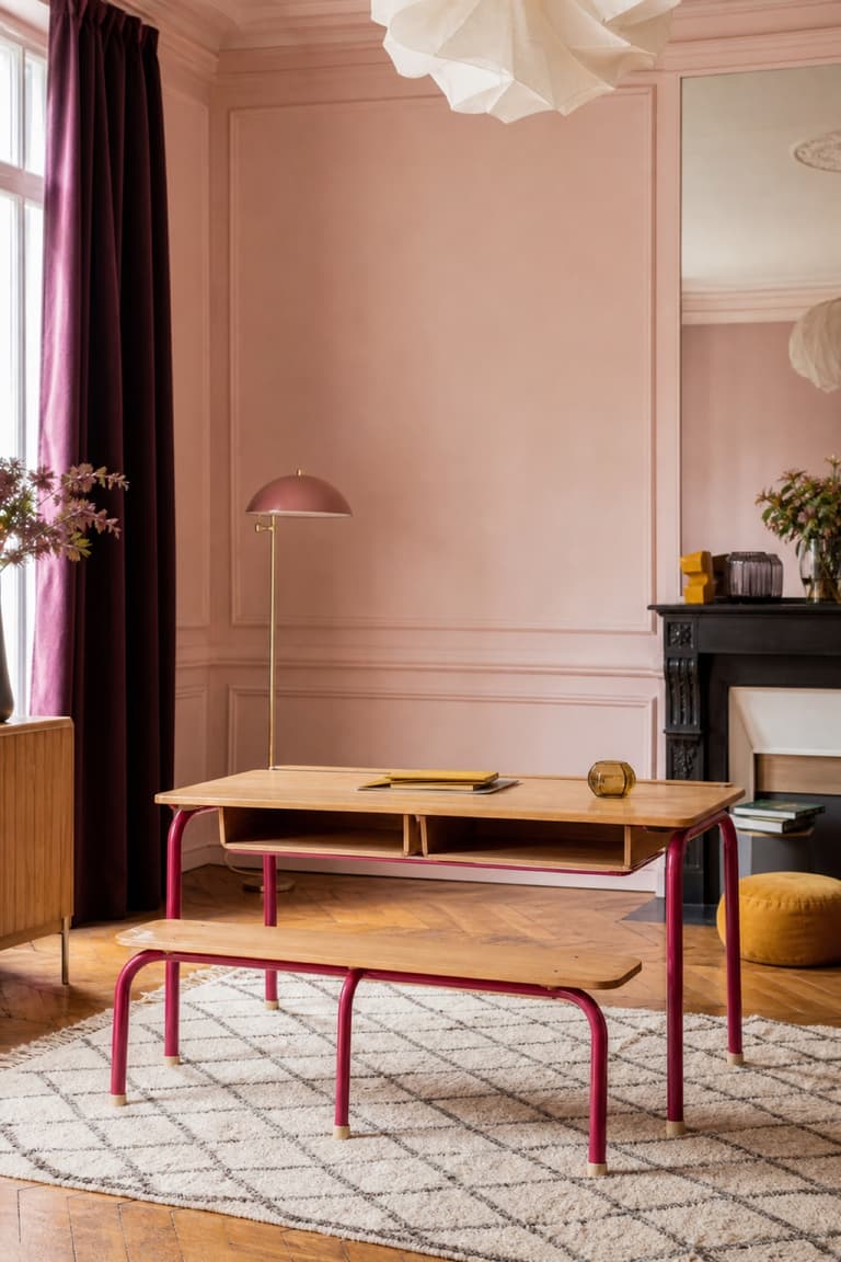 Bureau d’écolier double en bois et métal fuchsia dans une chambre parisienne rose