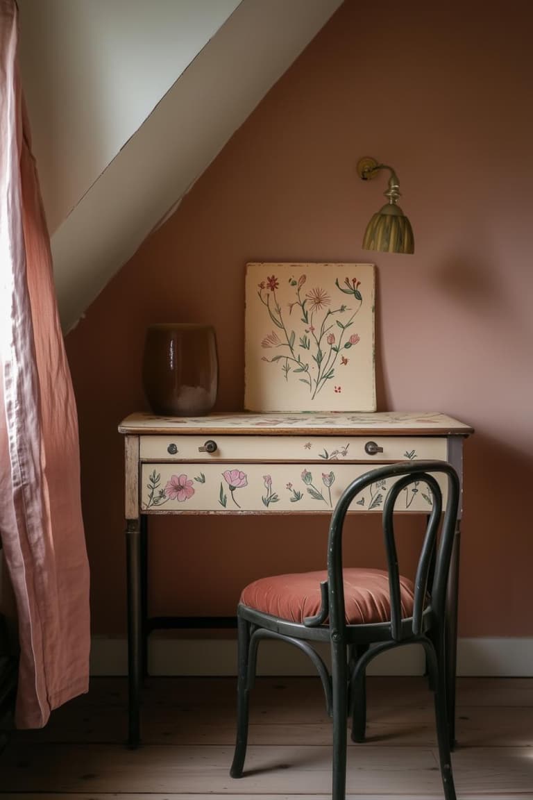 Bureau d’écolier peint de motifs floraux dans une chambre rose sous les combles