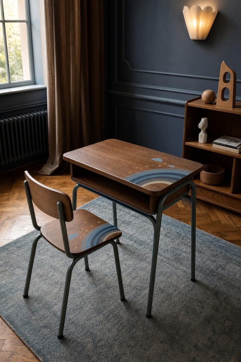 Bureau d’écolier relooké avec arc-en-ciel bleu et nuages dans une chambre bleu ardoise