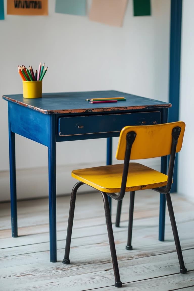 Bureau d’écolier relooké en bleu avec chaise jaune et accessoires colorés